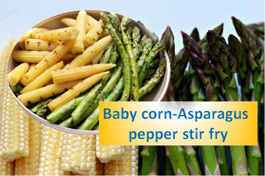 Baby corn asparagus pepper stir fry